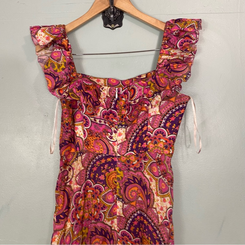 Zimmermann Fiesta Ruffle Midi Dress Size 8 Paisley Floral Linen Purple Pink - Picture 5 of 9